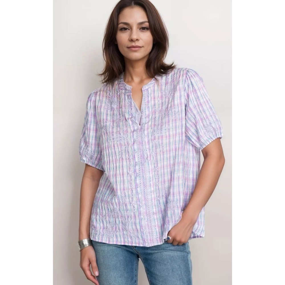 Johnny Was Malo Puff Sleeve Top Blouse Lilac Embroidered Bird Floral Women's D